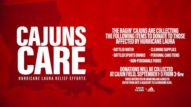 The Ragin’ Cajuns are collecting supplies at Cajun Field for the Lake Charles area. The supply drive will take place from Tuesday to Thursday this week From 3 to 6 p.m.